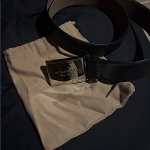 Burberry Black Leather Belt with Polished Silver-tone Buckle